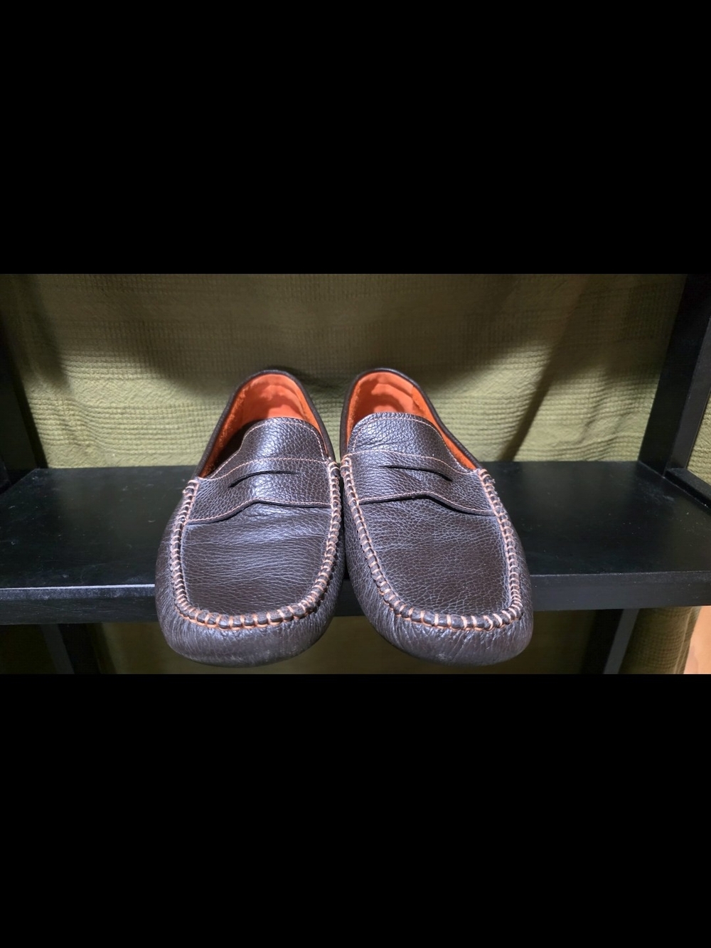Donald J. Pliner Dark Brown Leather Penny Loafers with Orange Interior